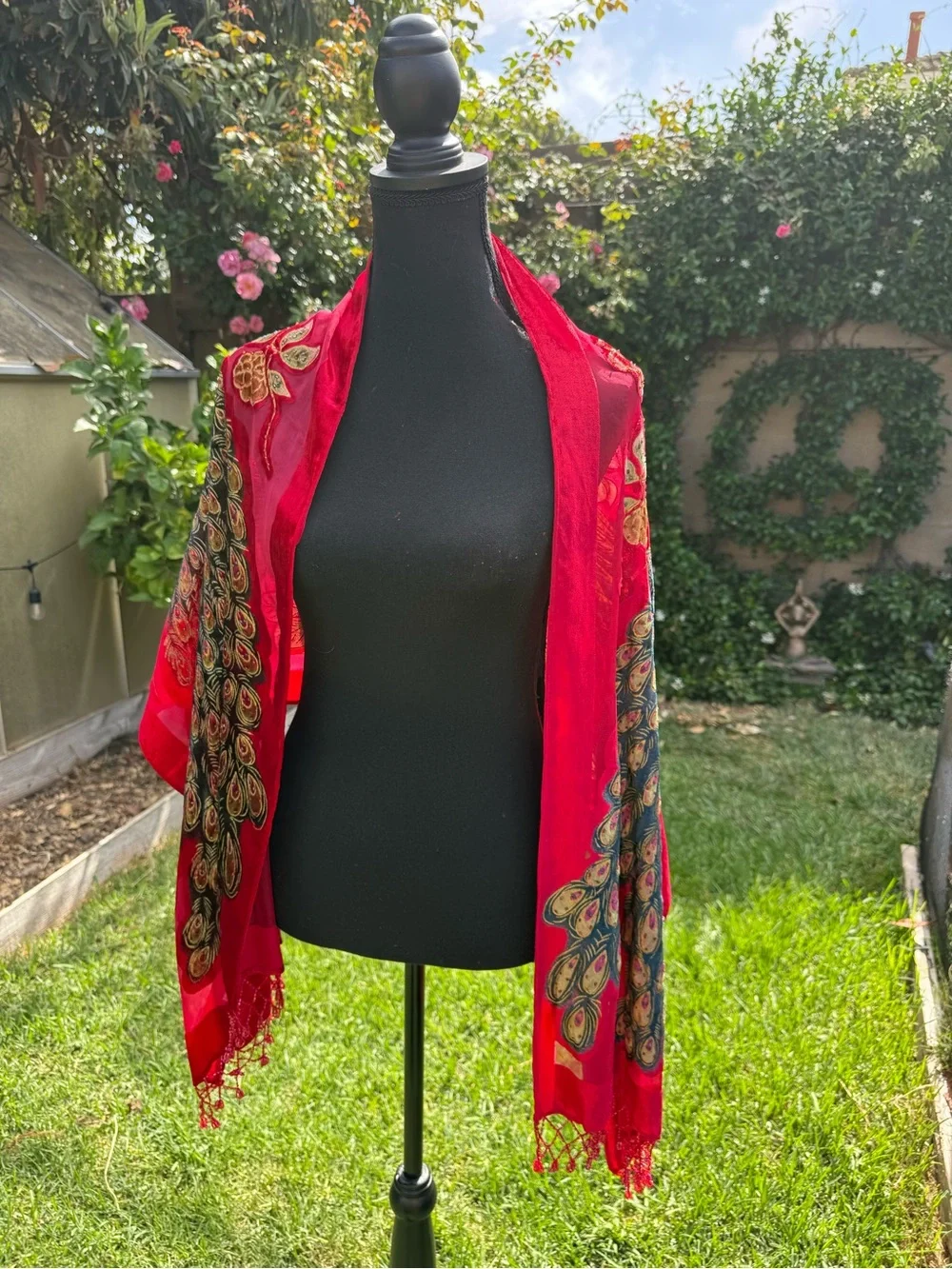 Red Velvet Embroidered Peacock Motif Women's Shawl Wrap